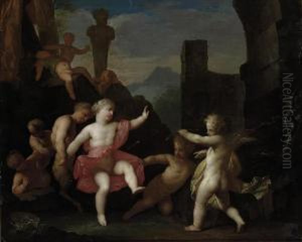 A Bacchanal Of Putti And Infant Fauns, With Cupid Shooting An Arrowat A Young Girl Oil Painting by Matheus Terwesten