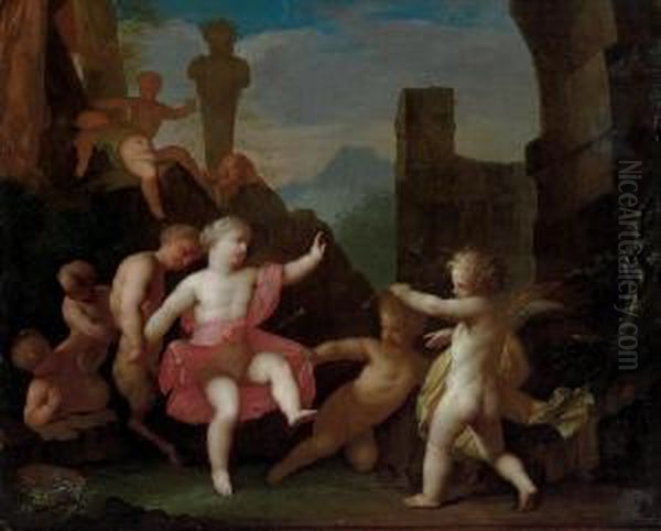 A Bacchanal Of Putti And Infant Fauns, With Cupid Shooting An Arrow At A Young Girl Oil Painting by Matheus Terwesten