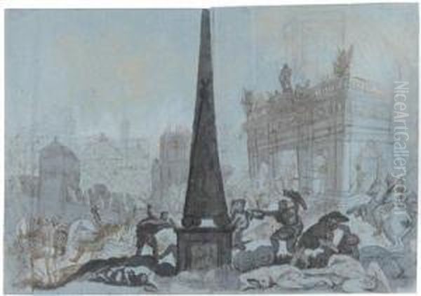 A Monumental Battle Scene By An Obelisk And A Classicalgate Oil Painting by Augustinus I Terwestenl Parodijsvogel