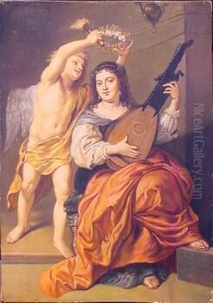 Allegory Of Music With Fame Crowning A Woman Playing A Throrba Oil Painting by Augustinus I Terwestenl Parodijsvogel