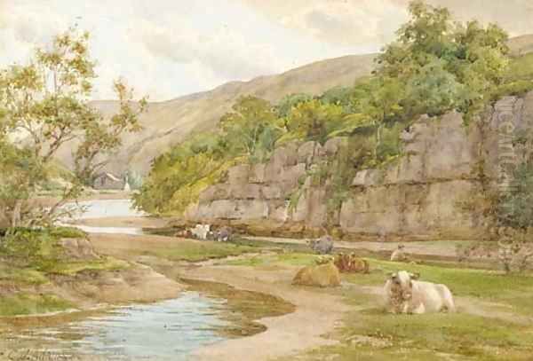 Cattle resting on the banks of a river with a fisherman beyond Oil Painting by Charles James Adams