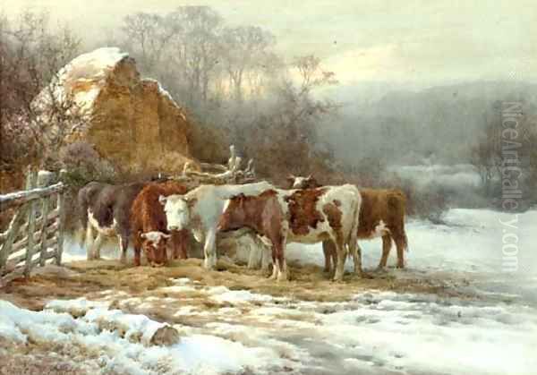 Wintertime, cattle by a fence Oil Painting by Charles James Adams