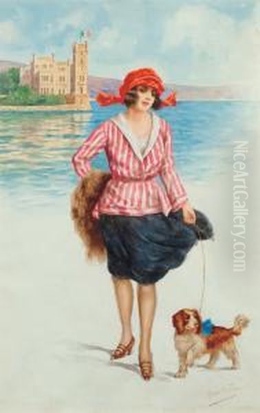 Fanciulla A Passeggio Con Cane Oil Painting by Romolo Tessari