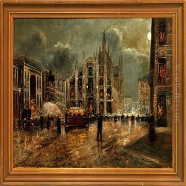 The Dome In Milan At Night Time Oil Painting by L. Tessier