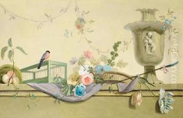 Roses In A Wicker Basket, Peaches, A Finch And An Urn On A Stone Ledge Oil Painting by Louis Tessier