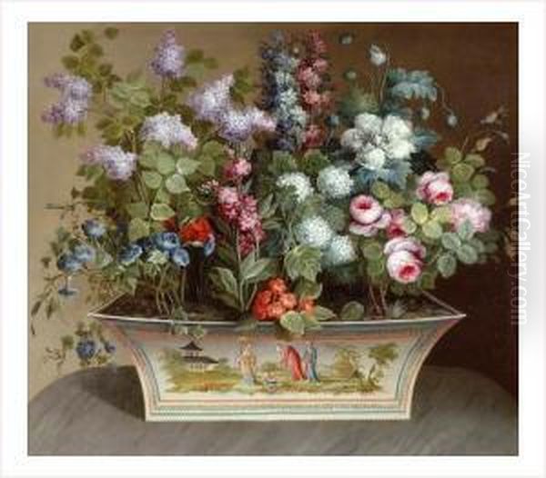 Nature Morte Au Bouquet De Fleurs Dans Un Vase Au Decor Chinois Oil Painting by Louis Tessier