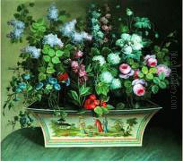 Nature Morte Au Bouquet De Fleurs Dans Une Tole Peinte Au Decor Chinois Oil Painting by Louis Tessier