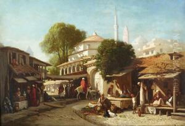 A Turkish Market-place Oil Painting by Louis Tesson