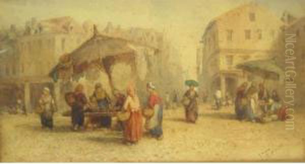 Figures In Acontinental Town Market, Signed Oil Painting by Louis Tesson