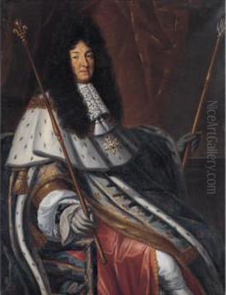 Portrait Of Louis Xiv, Seated, Three Quarter Length, Dressed In Robes Of State Oil Painting by Henri Le Jeune Testelin