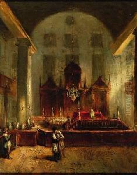 Interieur Van De Portugese Synagoge In Amsterdam Oil Painting by Jean-Baptist Tetar Van Elven