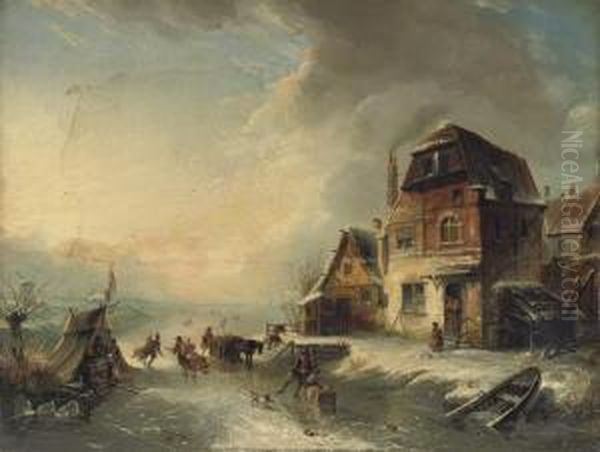 Skating On The Ice On A Winter's Day Oil Painting by Jean-Baptist Tetar Van Elven