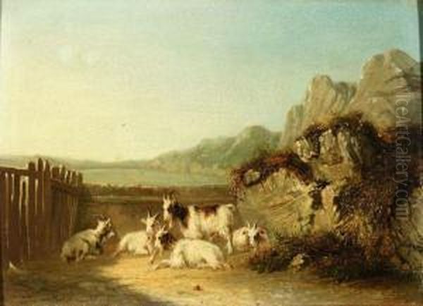 Ziegenherde In Einer Umzaunung Am Ufer Eines Sees Oil Painting by Josef Eduard Tetar Van Elven