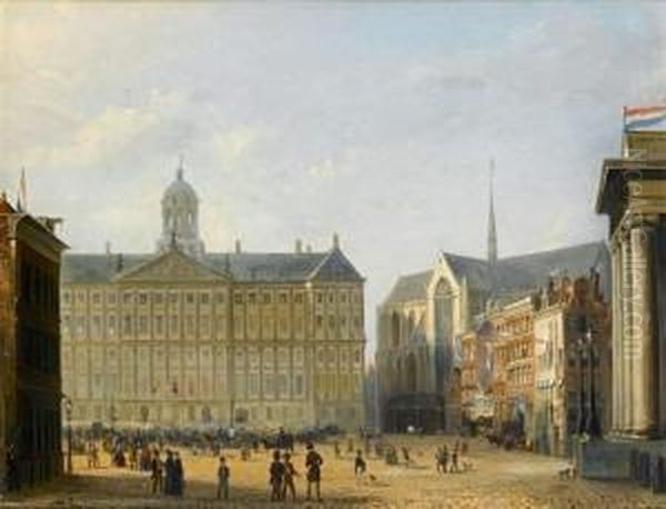 King William Iii Of The Netherlands Saluting The Crowd From The Royal Palace, Amsterdam Oil Painting by Pierre Tetar Van Elven