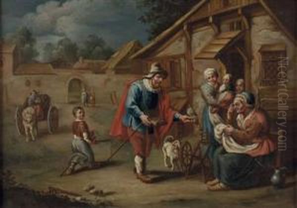 Der Verkaufer Bei Der Alten Frau Im Bauerngehoft Oil Painting by Franz Josef Textor