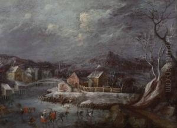 Das Eisvergnugen Vor Verschneiter Dorflandschaft Oil Painting by Franz Joseph Textor