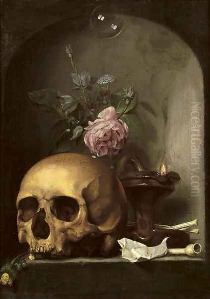 A 'vanitas' with a skull, mixed flowers, an oil lamp, pipes and a soap bubble in a stone niche Oil Painting by Hendrick Andriessen