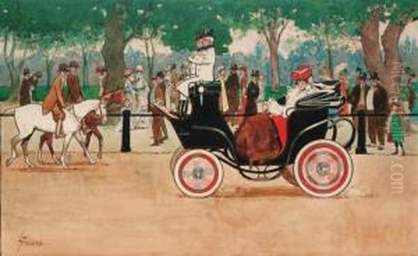 Figures In A Motorcar; And A Young Lady In A Motorizedcarriage Oil Painting by Lance Thackeray