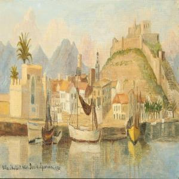 Greek Village With Fishing Boats In Port by Ella Thalbitzer