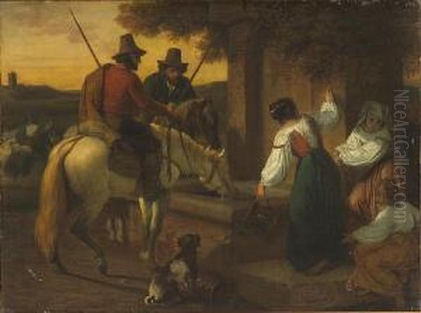 Figures At A Well Oil Painting by M. Than