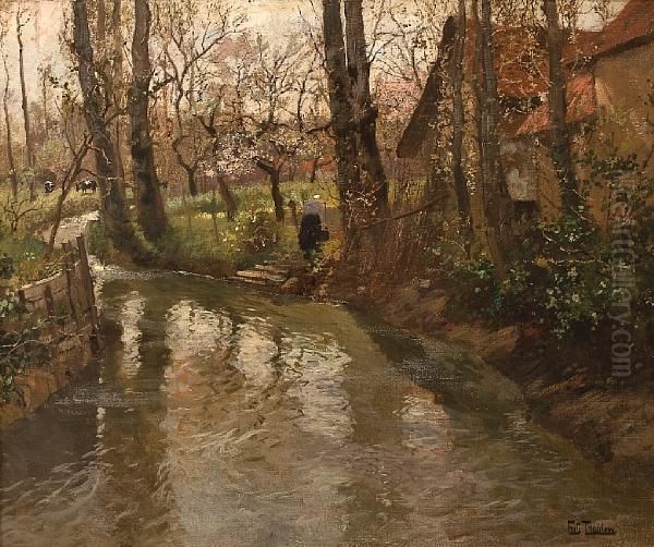 A Stream Through A Village Oil Painting by Fritz Thaulow