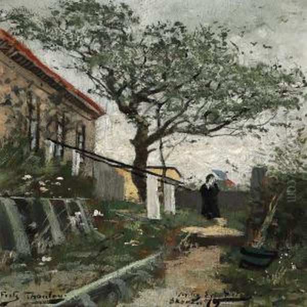 Woman With A Parasol On A Path In The Garden Behind Merchant Holst's Homestead, Skagen Oil Painting by Fritz Thaulow