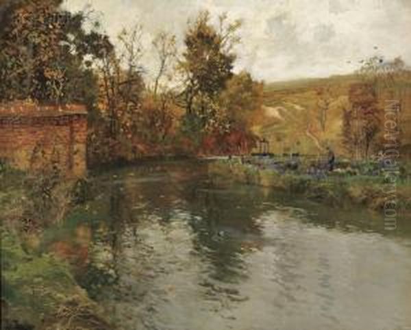 Autumn River Scene, Probably The Netherlands Or Belgium Oil Painting by Fritz Thaulow