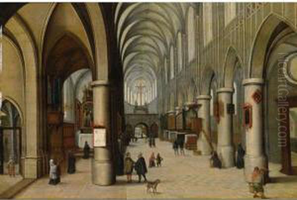 A Church Interior With Figures Strolling Oil Painting by Johann Georg Bohm