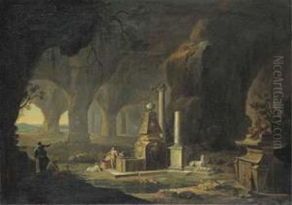 A Grotto With Figures By A Fountain Oil Painting by Johann Georg Bohm