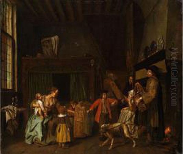 Genreszene In Burgerlichem Interieur Mit Einem Leierkastenspieler Oil Painting by Josef Horemans Younger The Jan