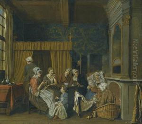 A Family Taking Tea While Celebrating The Birth Of Twins Oil Painting by Josef Horemans Younger The Jan