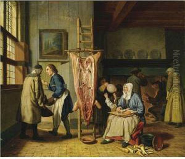 Interior Of A Butcher's Home, With A Slaughtered Pig, A Womancleaning Carrots, A Little Boy Blowing On The Bladder, And Figuresnear A Fireplace Oil Painting by Josef Horemans Younger The Jan