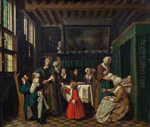 Interieur Mit Familienbesuch Der Wochnerin Oil Painting by Josef Horemans Younger The Jan