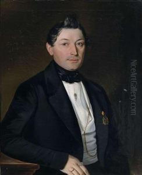 Portrait Of A Gentleman Wearing A Black Frock Coat In Three Quarter View To The Right. Oil Painting by Albert Theer