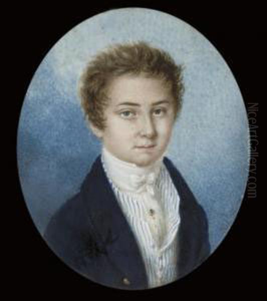 A Young Boy, In Open Blue Coat, Blue Striped White Waistcoat, A Gold Stickpin In His Pleated Shirt, Tied White Cravat Oil Painting by Robert Theer