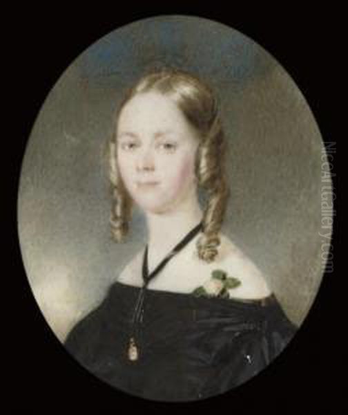 A Young Lady, In Off-the-shoulder Black Dress, A Pink Rose At Her Shoulder, Wearing A Cameo Suspended From A Black Ribbon At Her Throat, Fair Hair In Ringlets Oil Painting by Robert Theer