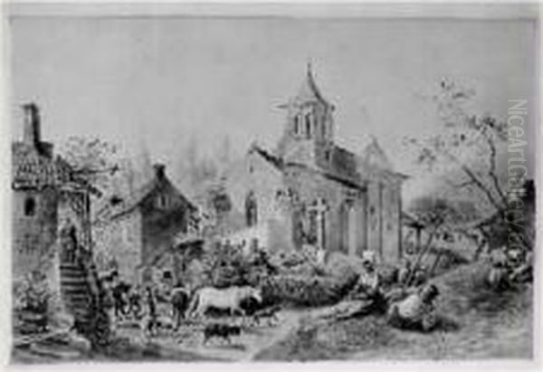 L'eglise Du Village Oil Painting by Antoine Charles Thelot