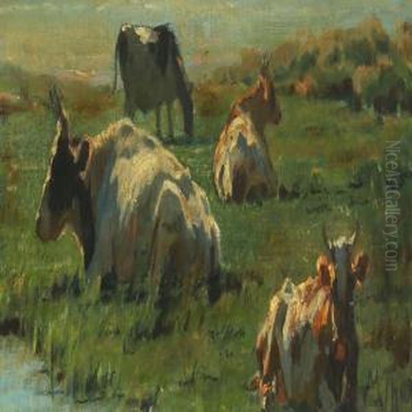 Cows In The Meadow Oil Painting by Michael Therkildsen