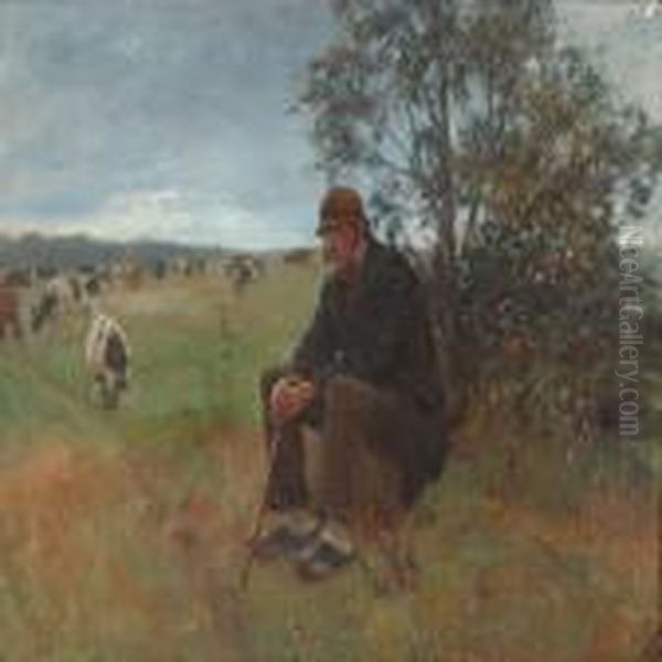 Farmer Watching The Cows In The Field Oil Painting by Michael Therkildsen