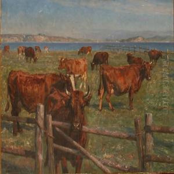 Grazing Cows Near A Coast Oil Painting by Michael Therkildsen