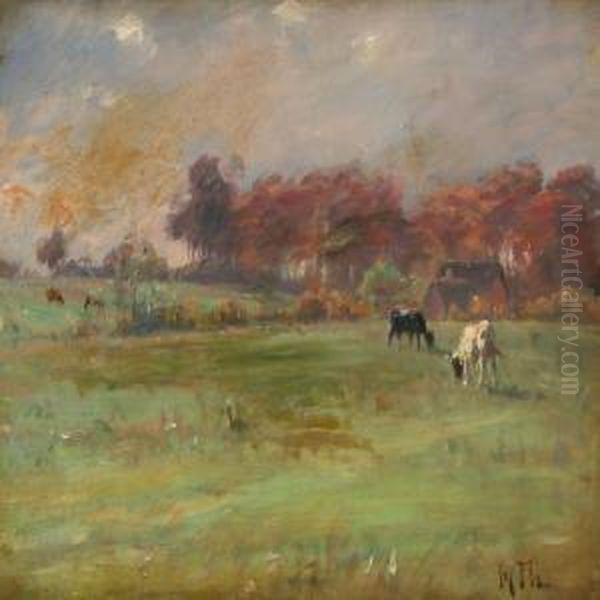 Impressionist Landscape With Cows Oil Painting by Michael Therkildsen