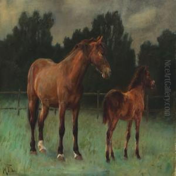 A Mare With A Foal In The Field Oil Painting by Michael Therkildsen