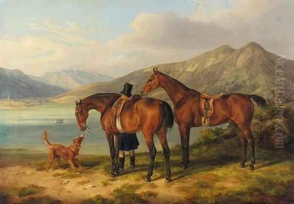 Rider and Two Bays by a Lake (Reiter und zwei Pferde am See) Oil Painting by Albrecht Adam