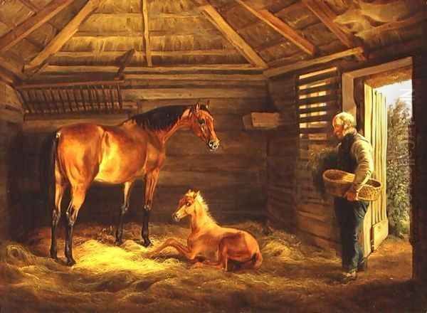 English Mare With Her Foals 1833 Oil Painting by Albrecht Adam