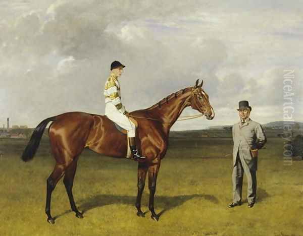 'Mimi' with Rickaby up with her Trainer, Mr Matthew Dawson, 1891 Oil Painting by Emil Adam