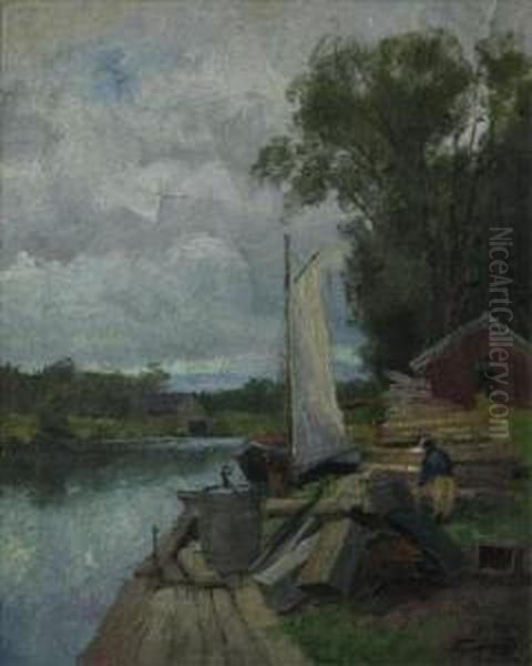 Figures With Boat By Water's Edge Oil Painting by Carl Rudolph Theuerkauff