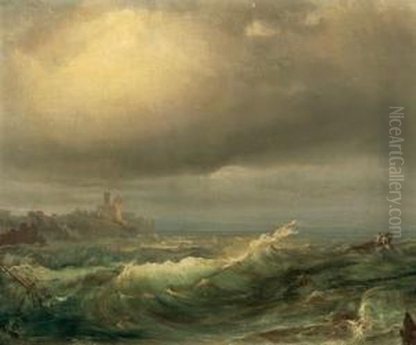 Reiseerinnerung - Einfahrt Vom Atl Ocean In Die Meerenge Von Gibraltar, Die Europaische Kuste In Sicht, Gemahlt Von Josef Theurich Oil Painting by Josef Theurich