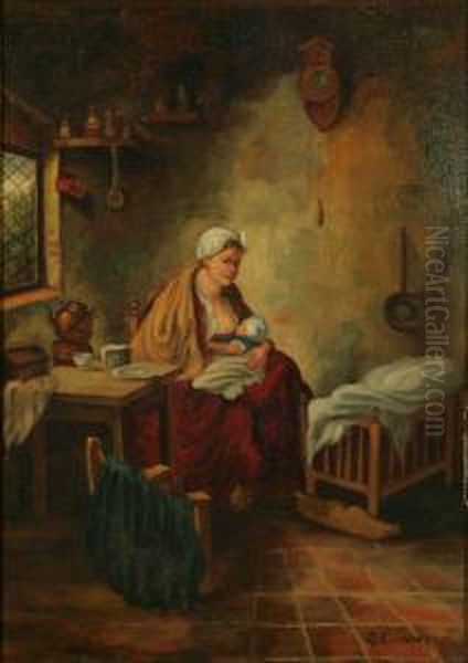 Boereninterieur Met Moeder En Zogende Baby Oil Painting by Jean Baptiste Thevenet