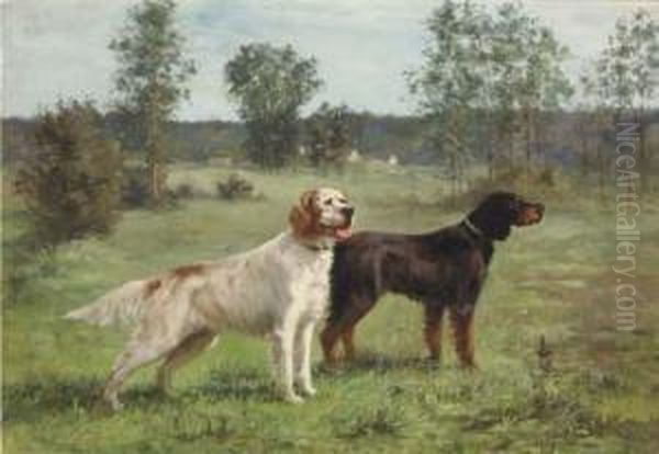 Irish Setters In A Meadow Oil Painting by Henri Thevenin