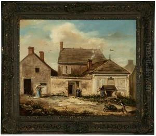 Figures In A Yard Before A Group Of Houses by Louis Victor Thevenin